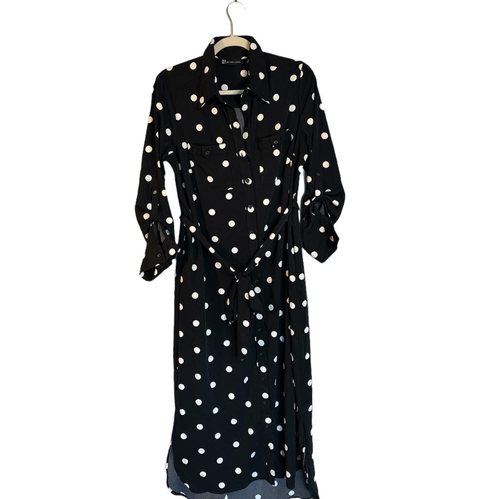 New York & Company Black Polka Dot Midi Dress Women's Size M